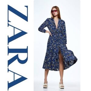 ZARA Puff Sleeve Button-Front Wear to Work Old Money Floral Belted Midi Dress M